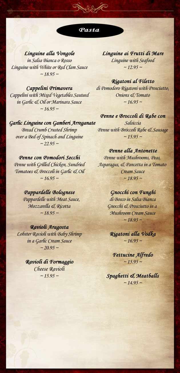 Pasta Menu